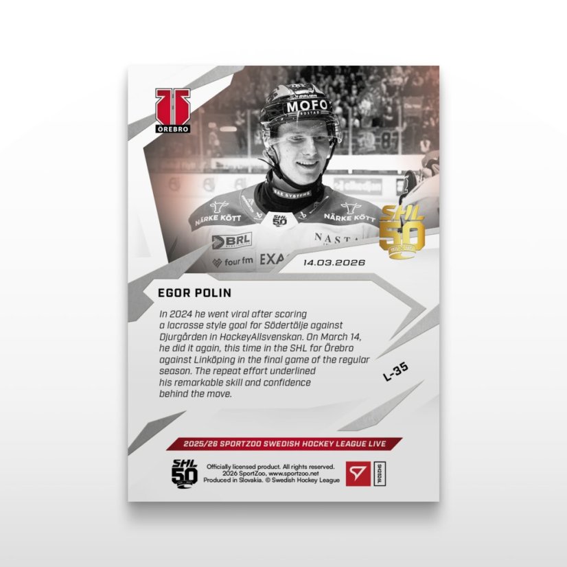 Hokejová  kartička L-35 Egor Polin - SportZoo Svenska hockeyligan 2025/26 LIVE