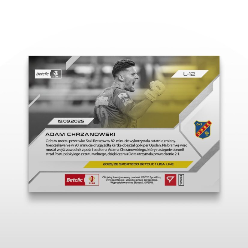 Karta piłkarska L-12 Adam Chrzanowski - SportZoo Betclic 1 Liga 2025/26 LIVE