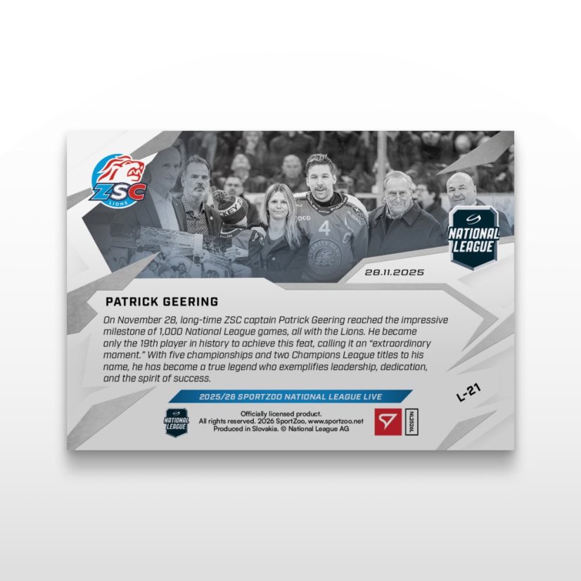 Hokejová kartička L-21 Patrick Geering - SportZoo National League 2025/26 LIVE