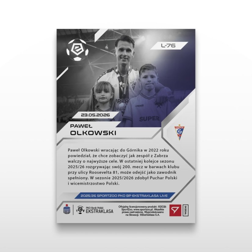 Fotbalová kartička L-76 Paweł Olkowski - SportZoo PKO BP Ekstraklasa 2025/26 LIVE