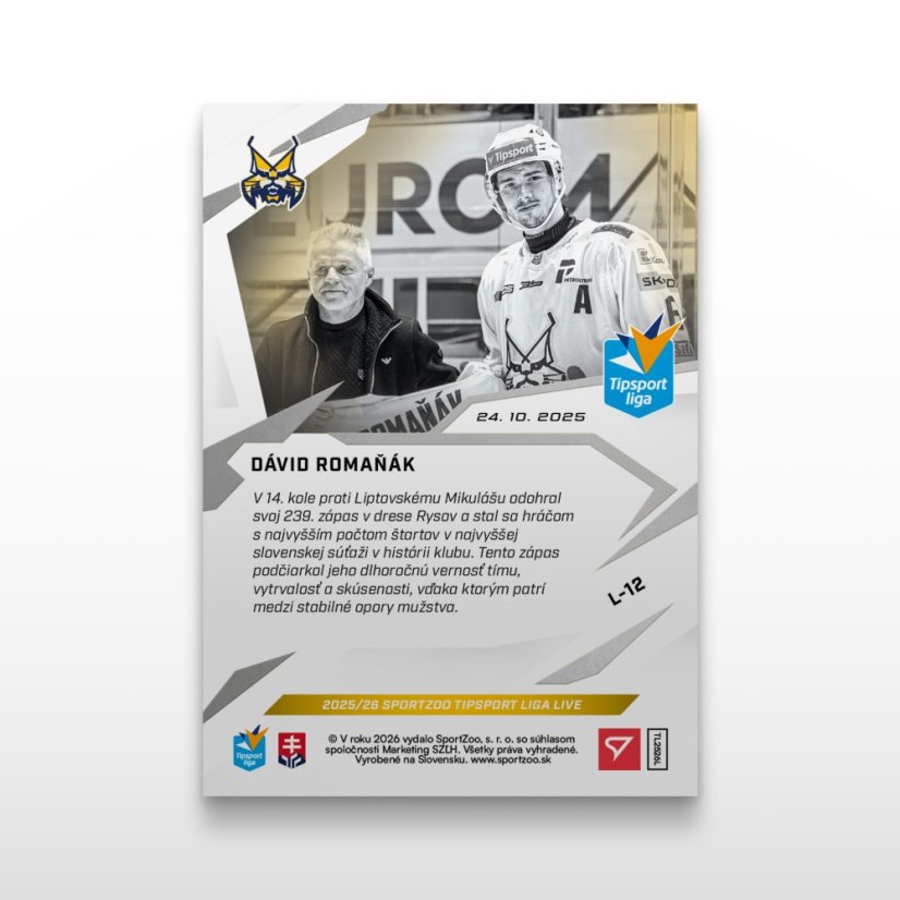 Hockey trading card L-12 DÁVID ROMAŇÁK - SportZoo Tipsport liga 2025/26 LIVE