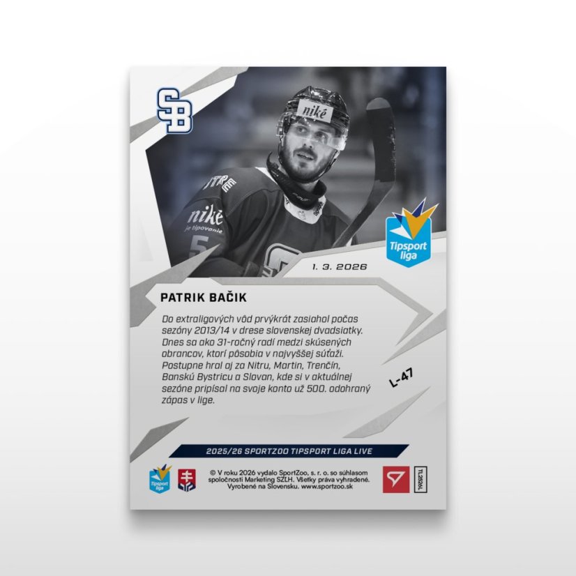 Hockey trading card L-47 PATRIK BAČIK - SportZoo Tipsport liga 2025/26 LIVE