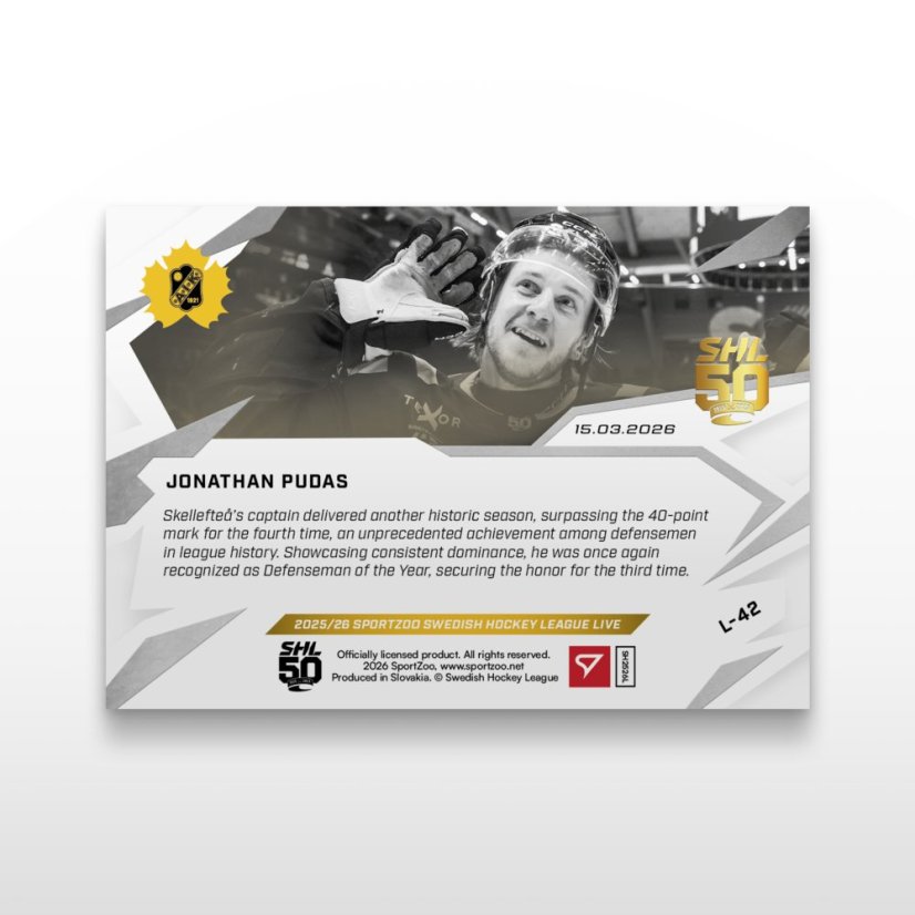 Hokejová  kartička L-42 Jonathan Pudas - SportZoo Svenska hockeyligan 2025/26 LIVE