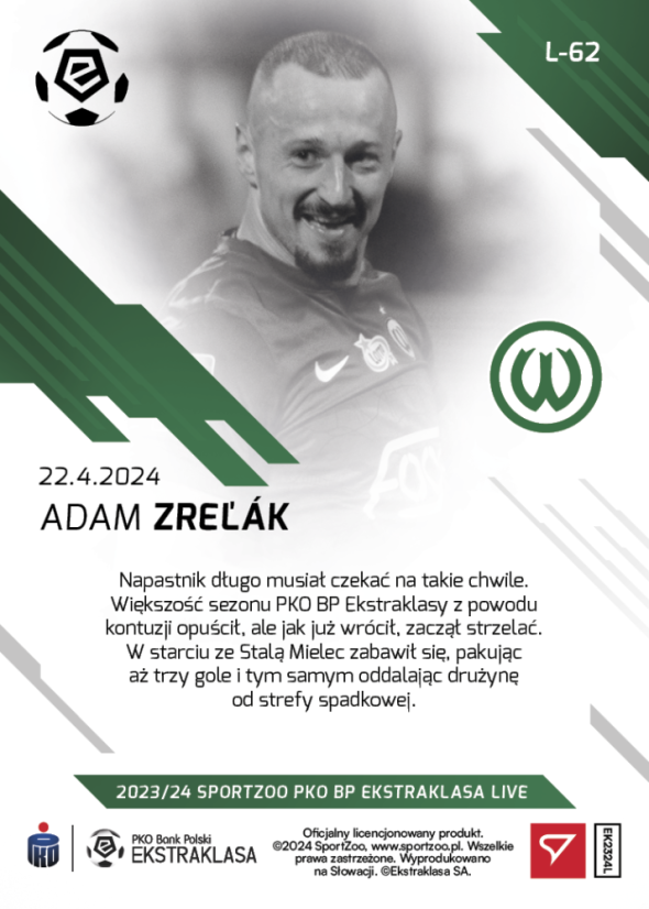 L-62 ZESTAW Adam Zreľák PKO Bank Polski Ekstraklasa 2023/24 LIVE + UCHWYT