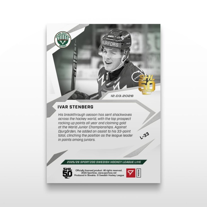 Hokejová  kartička L-33 Ivar Stenberg - SportZoo Svenska hockeyligan 2025/26 LIVE