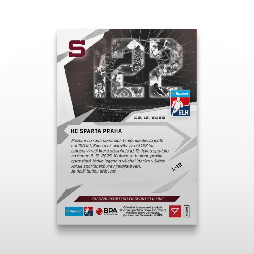 Hokejová  kartička L-19 HC Sparta Praha - SportZoo Tipsport ELH 2025/26 LIVE