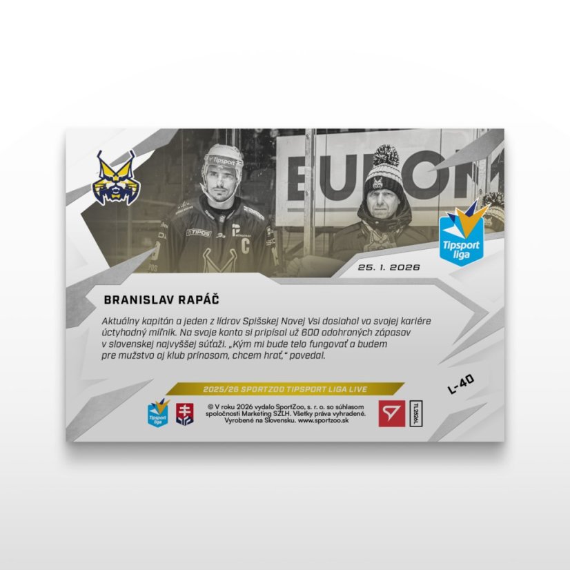Hockey trading card L-40 BRANISLAV RAPÁČ - SportZoo Tipsport liga 2025/26 LIVE