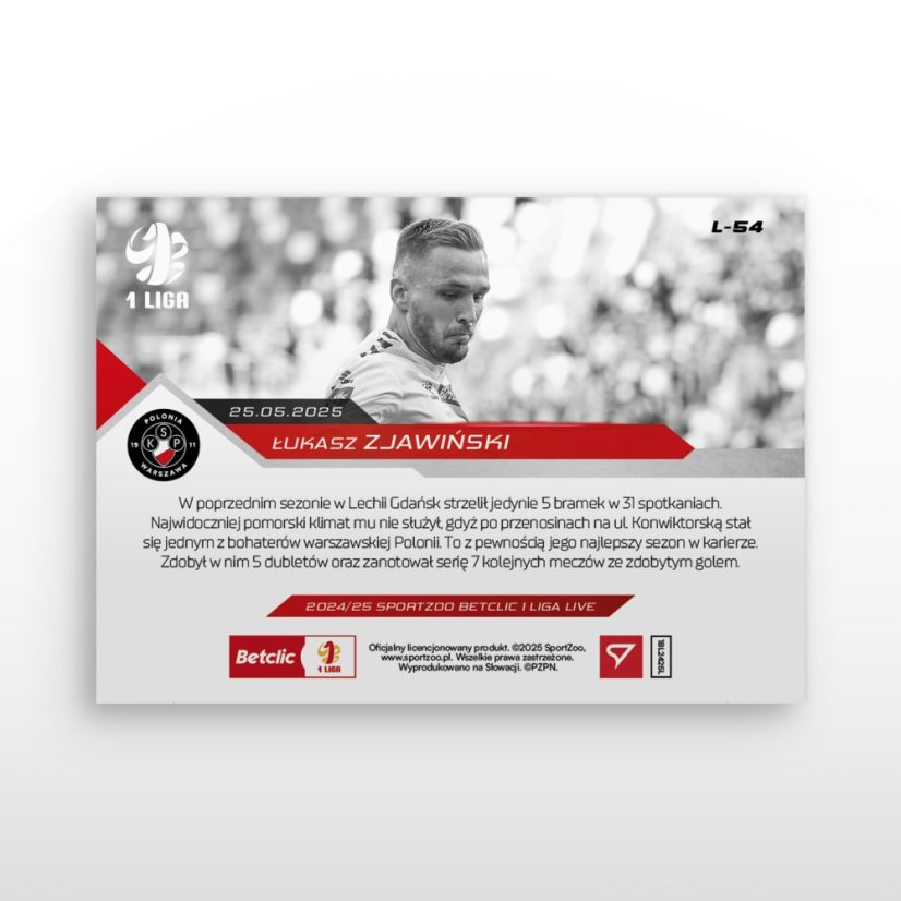 L-54 Łukasz Zjawiński Betclic 1 Liga 2024/25 LIVE + HOLDER