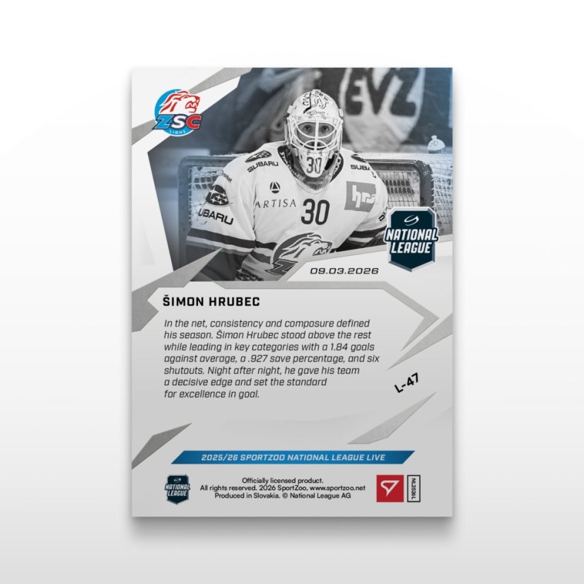 Hockey trading card L-47 Šimon Hrubec - SportZoo National League 2025/26 LIVE