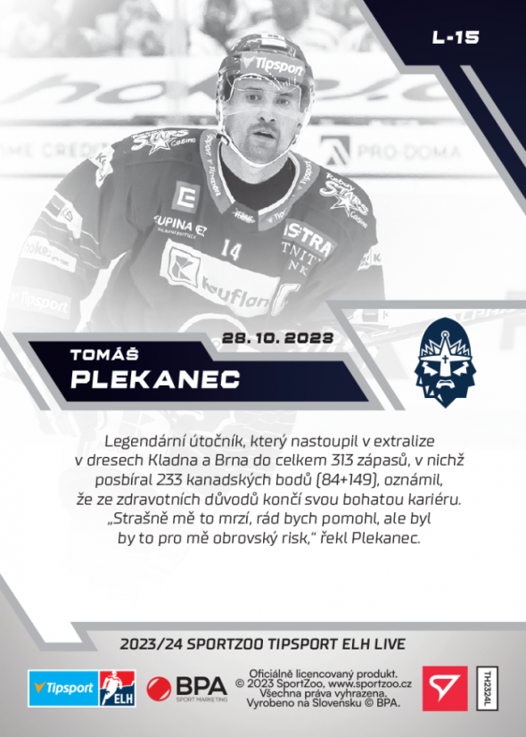 L-15 Tomáš Plekanec TELH 2023/24 LIVE