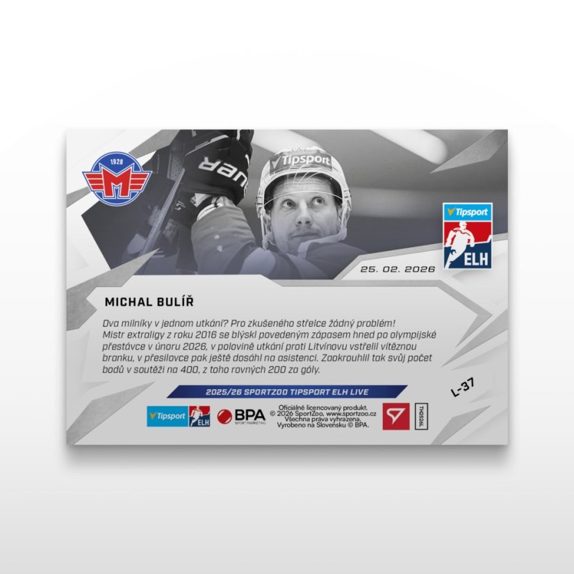 Hokejová  kartička L-37 Michal Bulíř - SportZoo Tipsport ELH 2025/26 LIVE