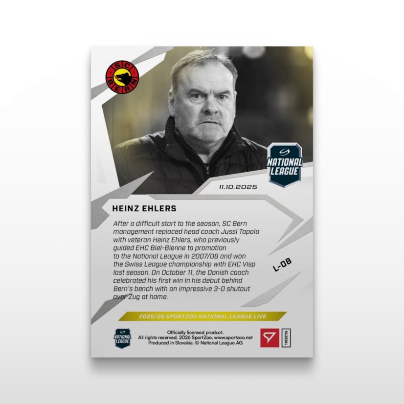 Hokejová kartička L-08 Heinz Ehlers - SportZoo National League 2025/26 LIVE