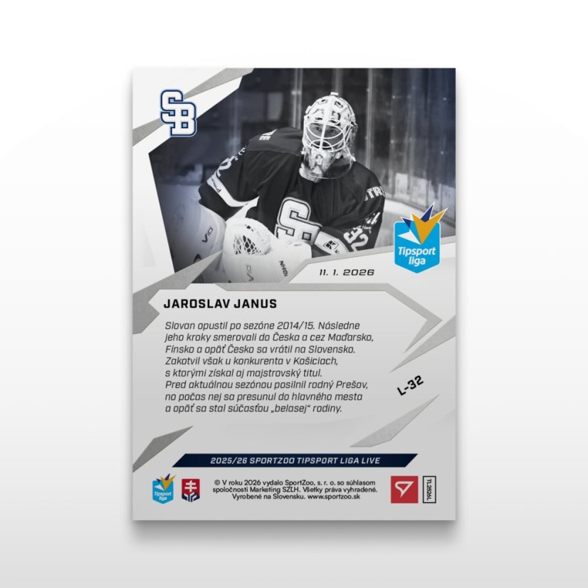 Hokejová  kartička L-32 JAROSLAV JANUS - SportZoo Tipsport liga 2025/26 LIVE