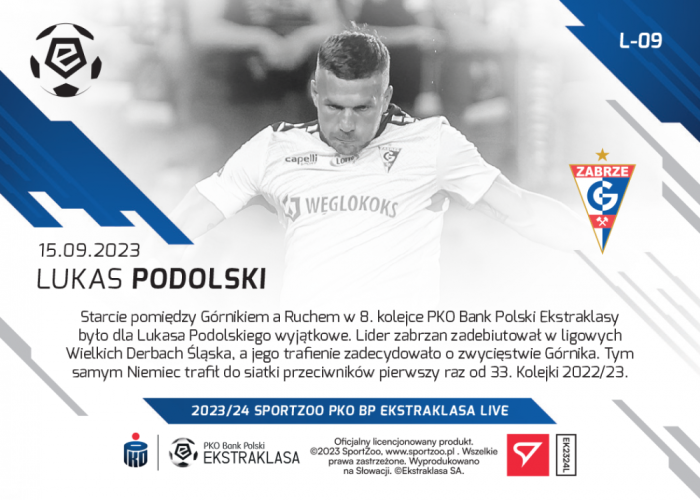 L-09 ZESTAW Lukas Podolski PKO Bank Polski Ekstraklasa 2023/24 LIVE + UCHWYT